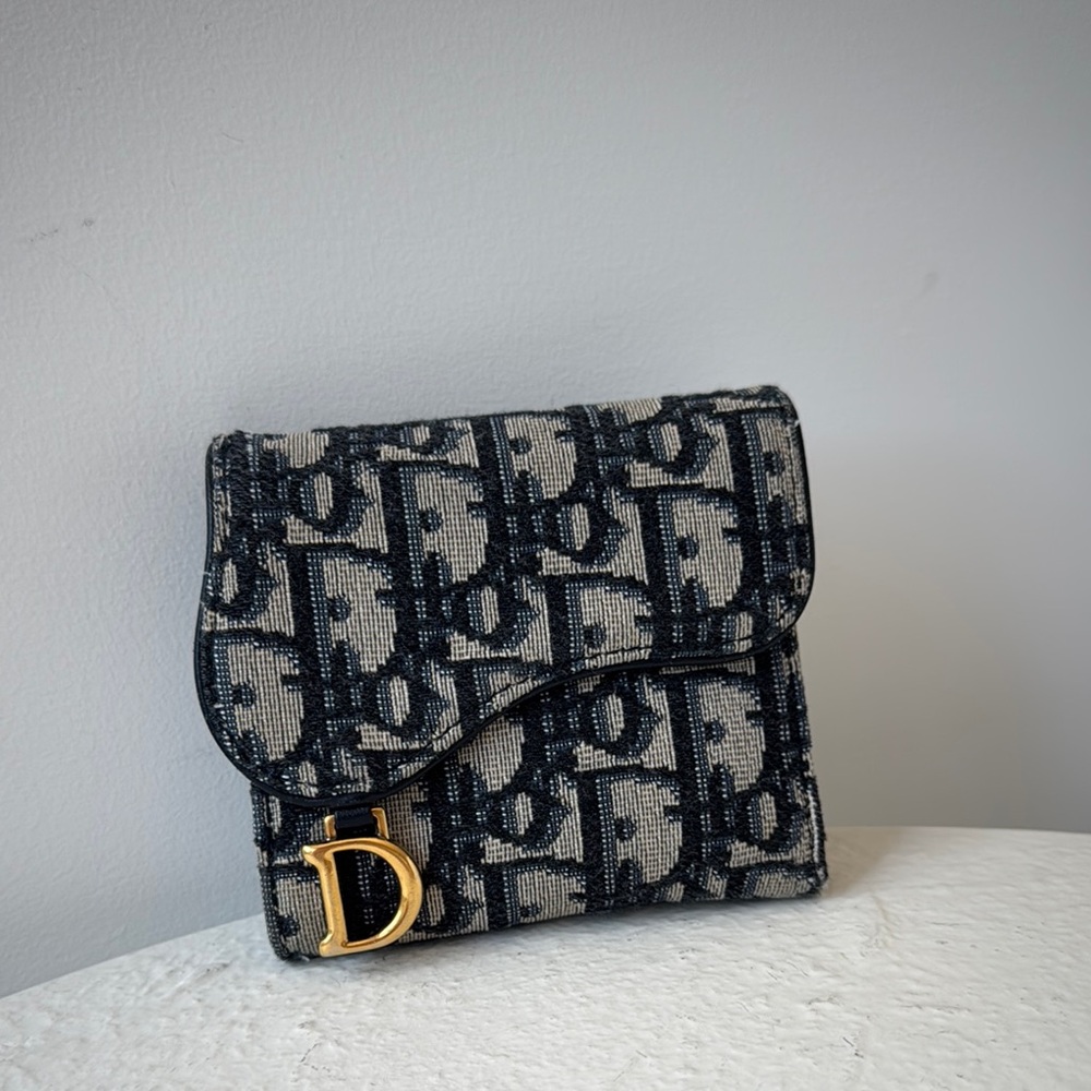 Dior Navy Saddle Monogram Wallet with Gold Detail
